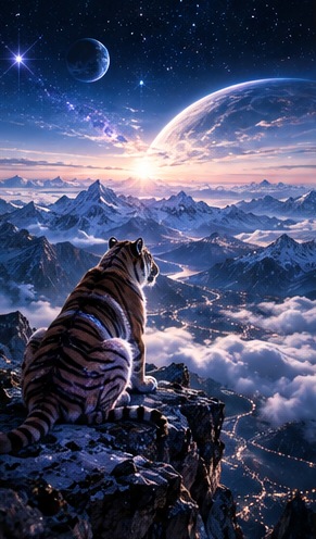 Tiger overlooking cosmic Altai mountains